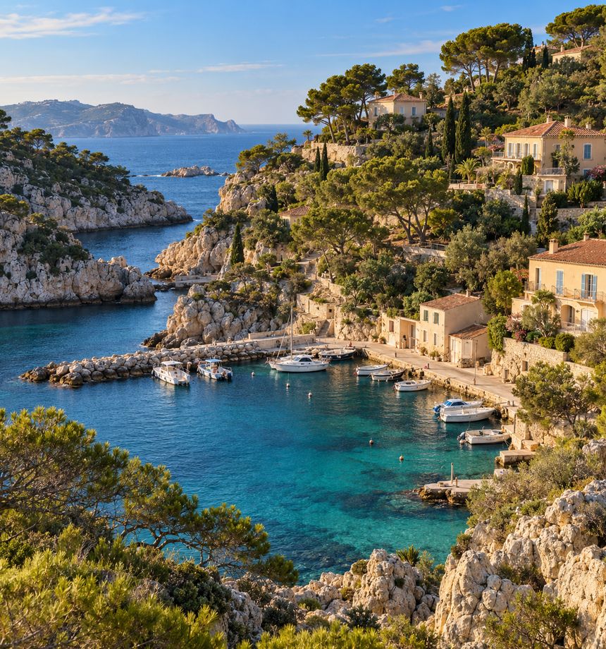 Illustration : calanque et petit port de plaisance, villas provençales dans les pins sur les pentes