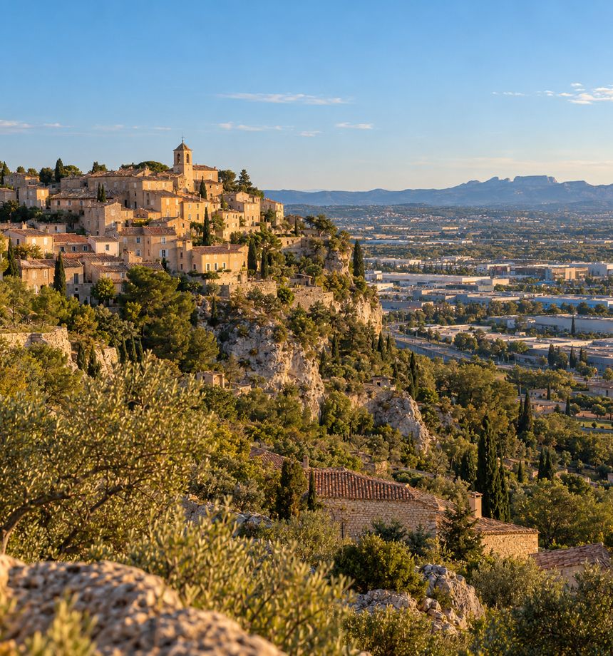 Illustration : vieux village provençal perché sur sa colline, dominant une plaine et une zone commerciale