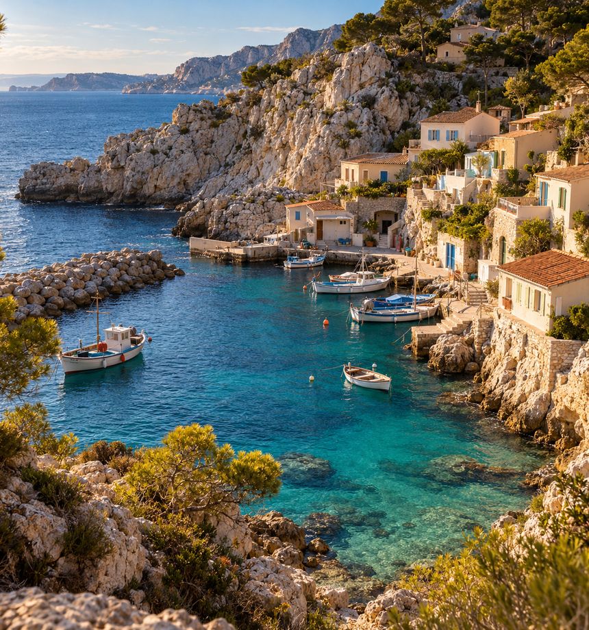 Illustration : calanque de la côte méditerranéenne avec son petit port de pêcheurs et ses maisons accrochées à la roche