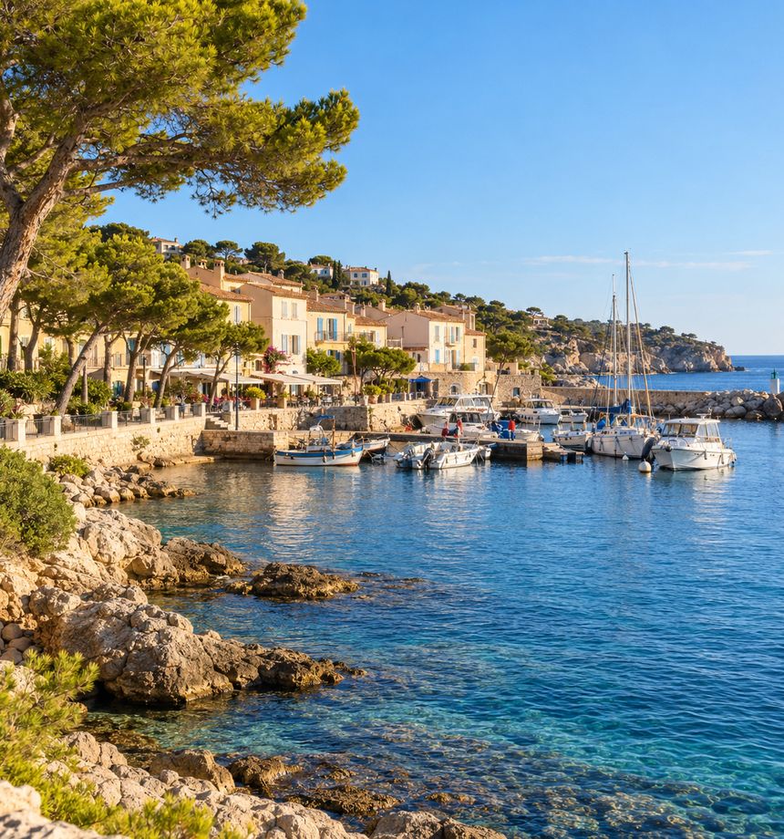 Illustration : front de mer bordé de pins et petit port sur la Méditerranée