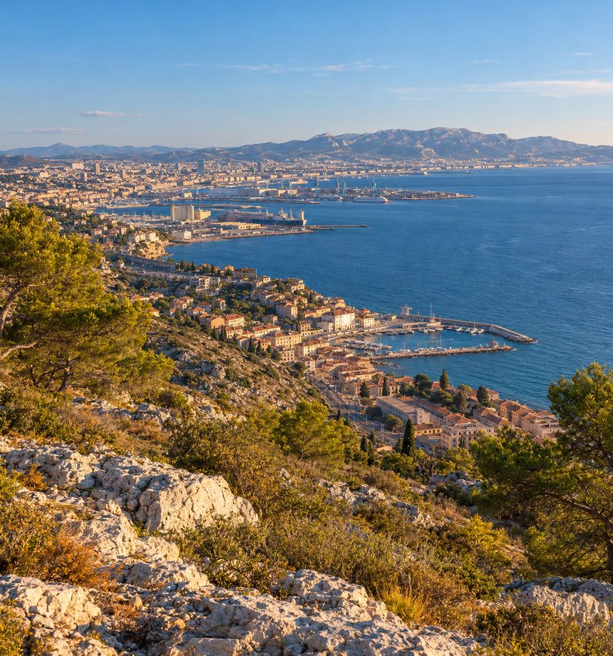 Illustration : collines de garrigue dominant un petit port, une grande ville portuaire et sa rade