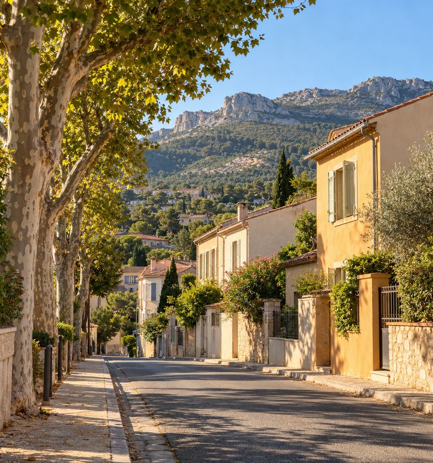Illustration : rue de village provençal bordée de platanes, au pied de collines calcaires